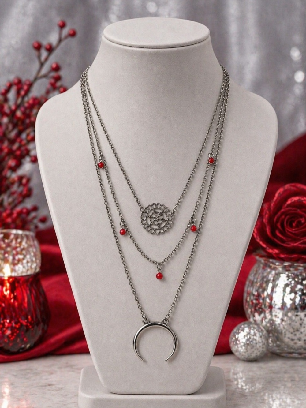 Paparazzi Silver-Tone Layered Necklace Red Bead Accents Crescent Pendant